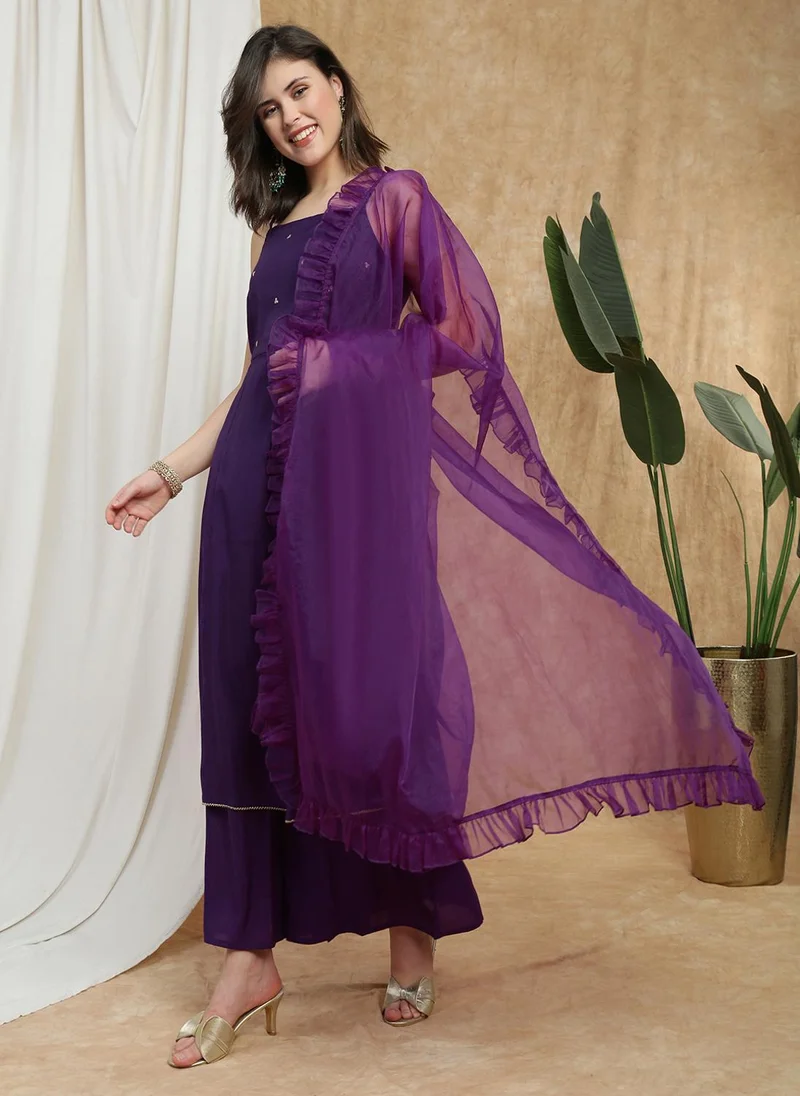 globus Globus Women Purple Square Neck Strappy Sleeves Sequin Detail Gotta Lace Hem A-Line Kurta With Palazzos & Frill Dupatta Festive Set